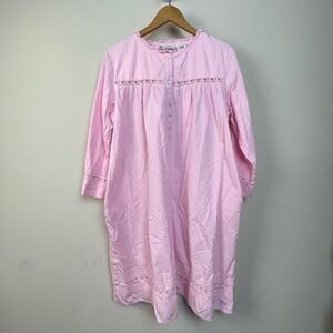 Ella Simone Pink Cotton Nightgown Ruffle Lace Button Front Long Sleeve Women's L
